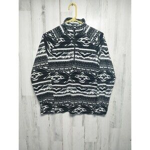 Eddie Bauer Sweater Womens Large Black White Southwest Aztec 1/4 Zip Fleece Poly